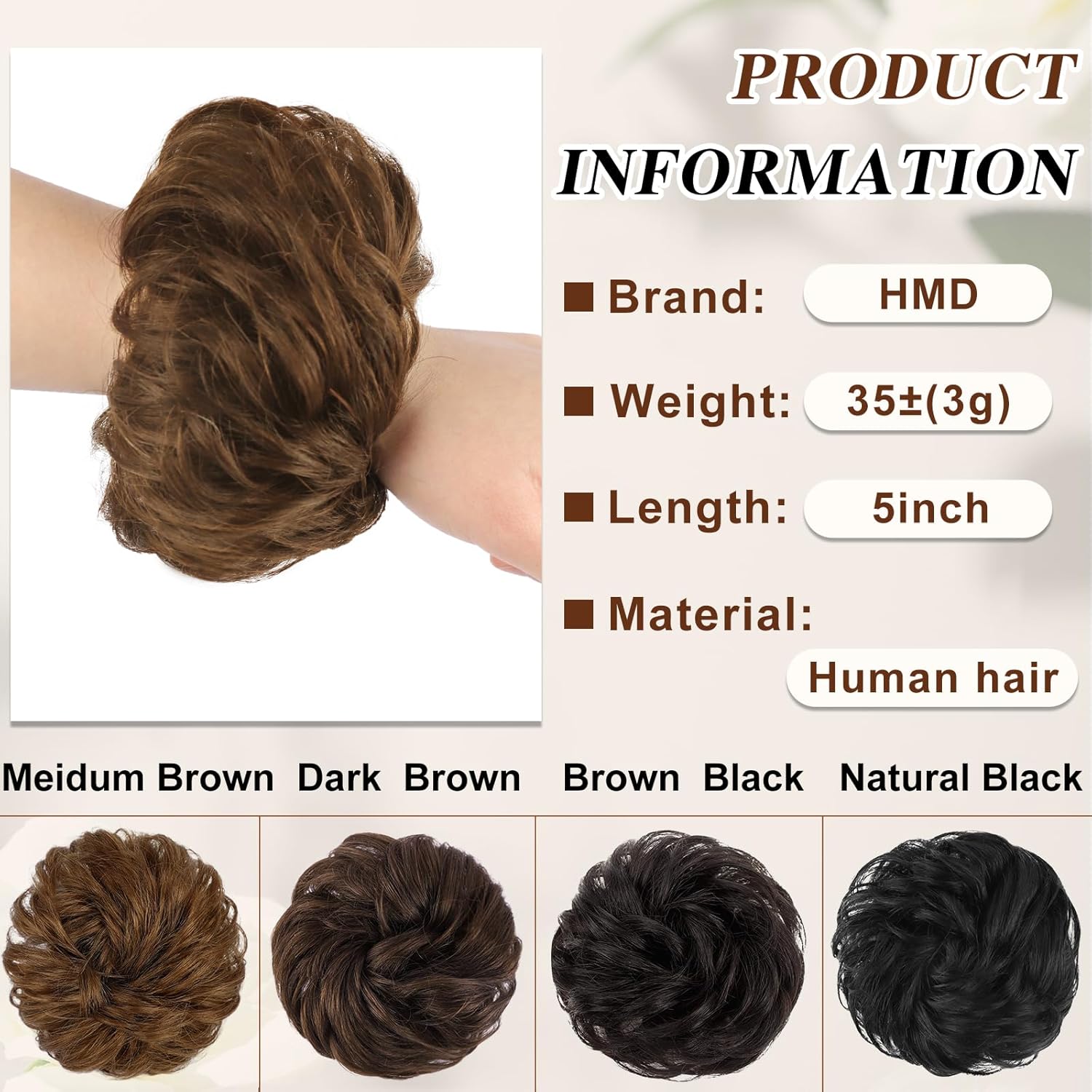 HMD 100% Human Hair Bun Messy Bun Extensions Human Hair Messy Rose Bun Hair Piece Curly Hair Bun with Elastic Band Bun Extensions Tousled Updo Hairpieces for Women(Medium Brown) - Image 2