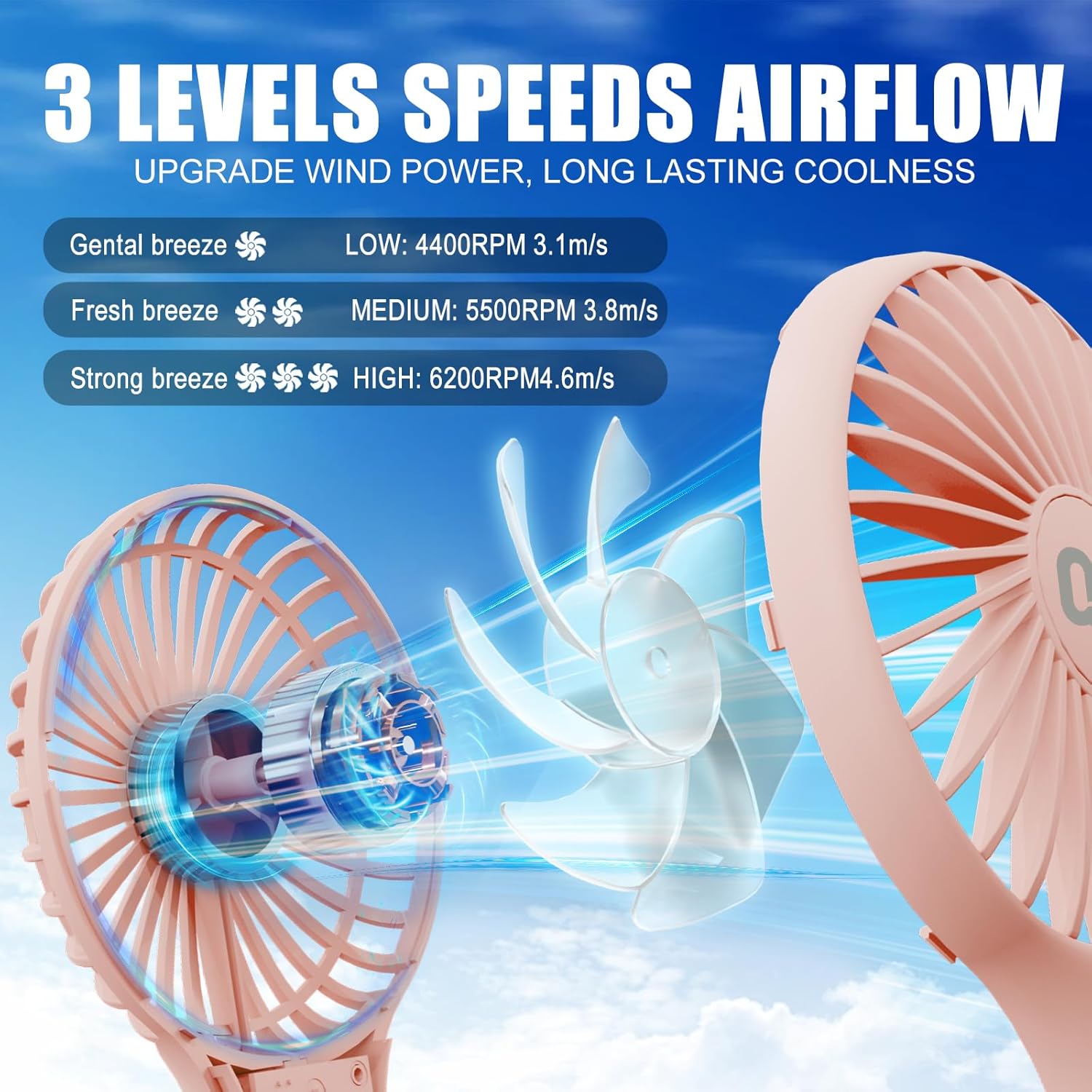 QQT Mini Handheld Fan, Small Personal Fan with 3 Speeds, Portable Battery Operated, USB Rechargeable Makeup Eyelash Dryer, Strong Airflow for Travel, Office, Outdoor, Women, Men, and Kids(Pink) - Image 2