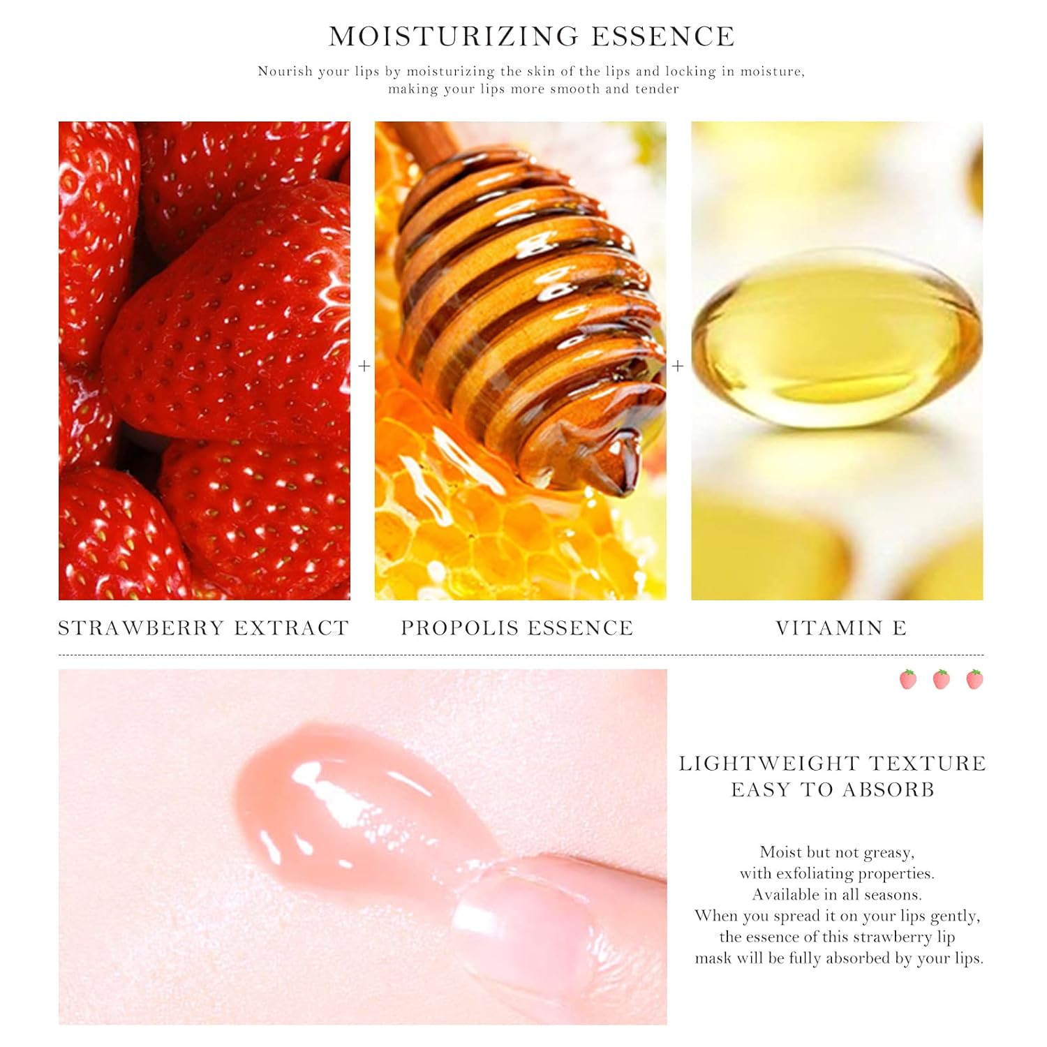 2PCs Strawberry Lip Sleeping Mask,Bee Lip Balm Honey Pot, Bee Lip Honey Pot with Wand Nourishes Lips, Overnight Strawberry Propolis Honey Balm Lip Mask for Lip Care Moisturize Lip Skin - Image 2