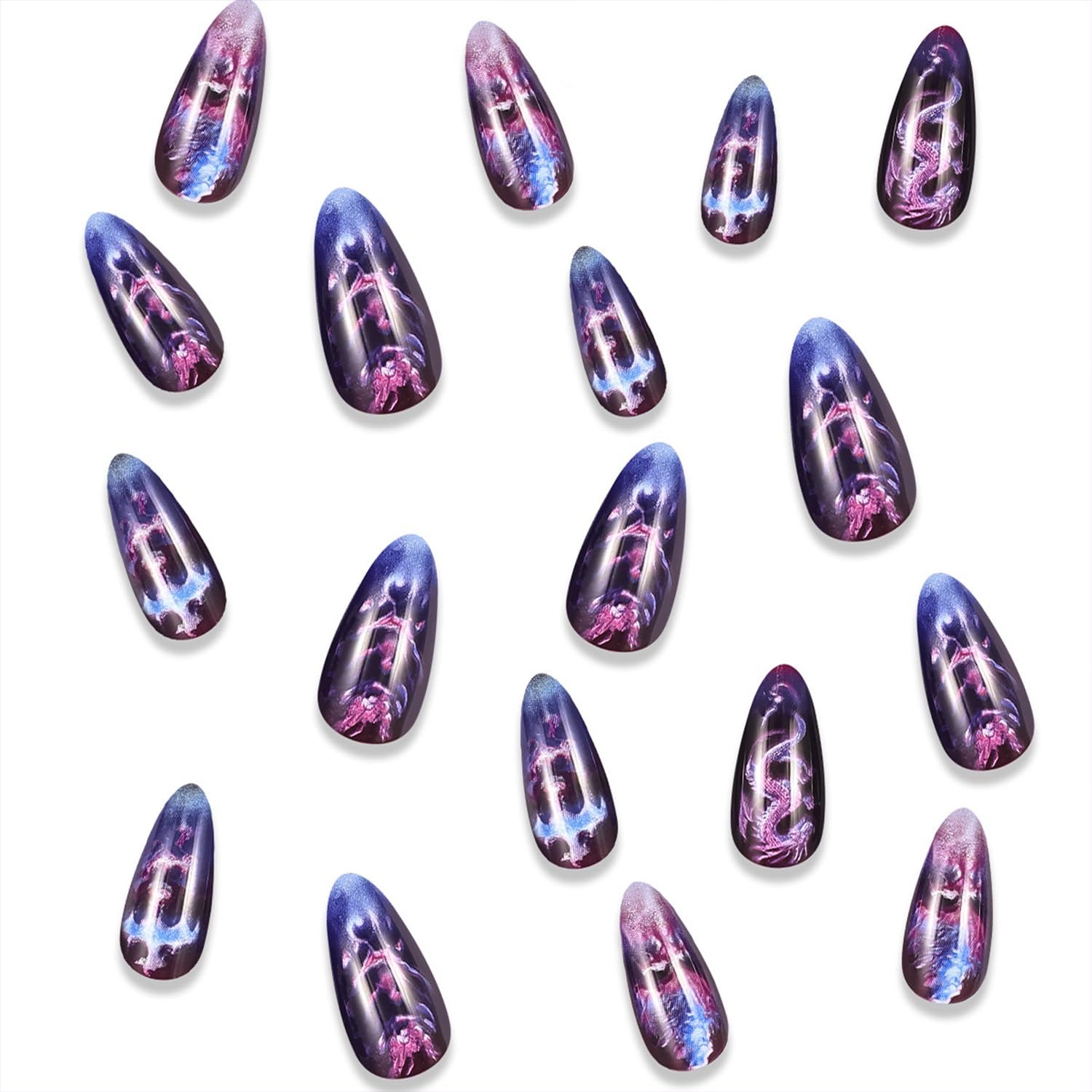 Chinese Dragon Press press on Nails Medium Almond Fake Nails With Dragon Pattern Designs Purple False Nails Full Cover Stick on Nails Acrylic Artificial Nails for Women Glue on Nails 24 Pcs - Image 3