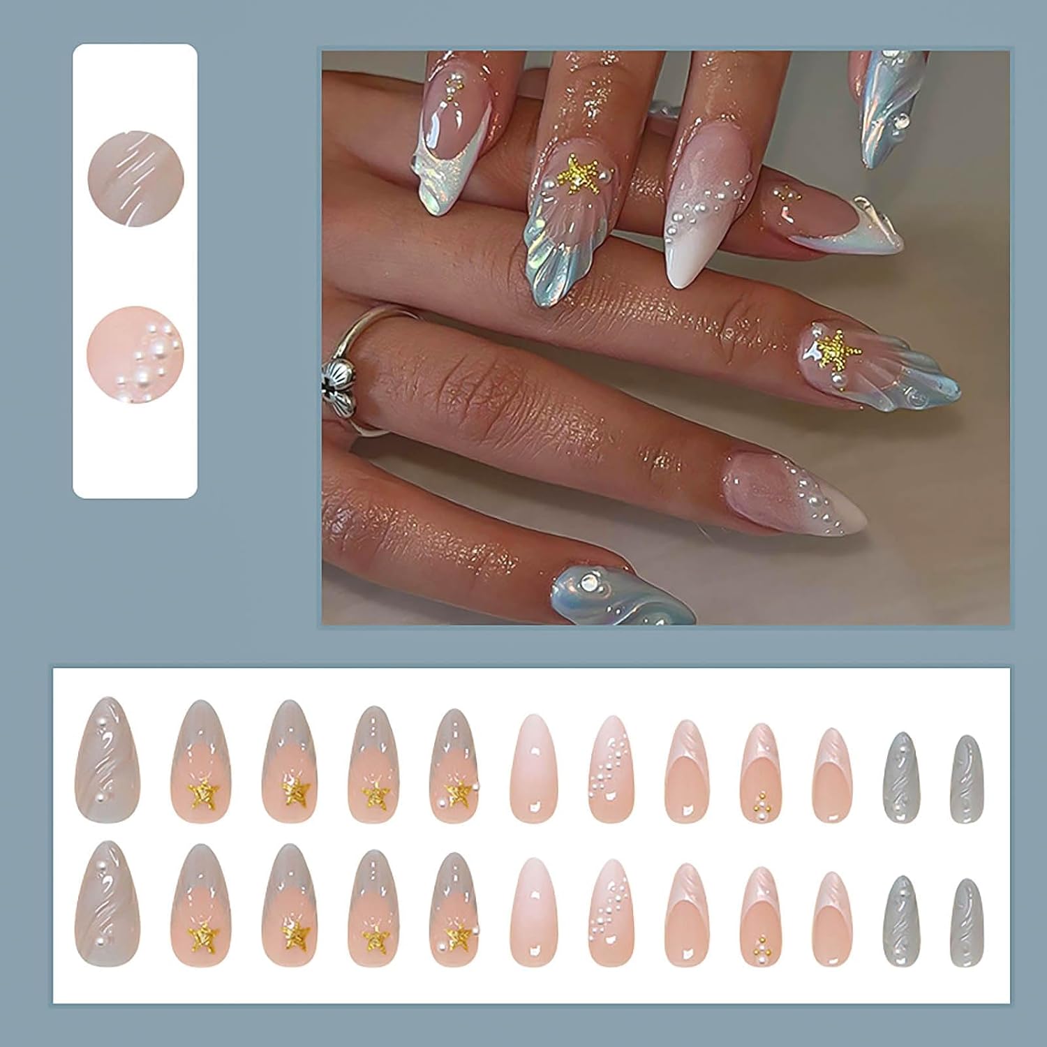 Almond Press on Nails Medium Fake Nails Blue White French Tip False Nails with 3D Shell Star Designs White Ombre Nail Press ons Glossy Glue on Nails Cute Stick on Nails for Women 24Pcs - Image 5