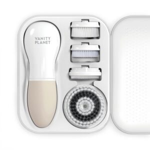 Raedia Handheld Facial Cleansing Brush with 4 Interchangeable Brush Heads by Vanity Planet - Lightweight Daily Cleansing Brush for Glowing Skin - Water Resistant Face Exfoliator - Warm Grey