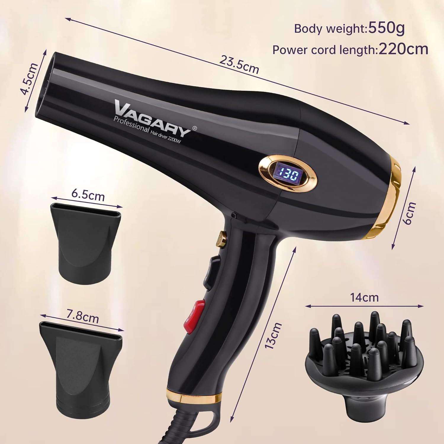 VAGARY 6685G Professional Salon Hair Dryer 2200w with Icd Display,Negative Ionic Blow Dryer,Powerful AC Motor Blow Dryer,Low Noise Hair Dryers,2 Speeds and 2 Heat Settings 1 Cool Shot Button - Image 6