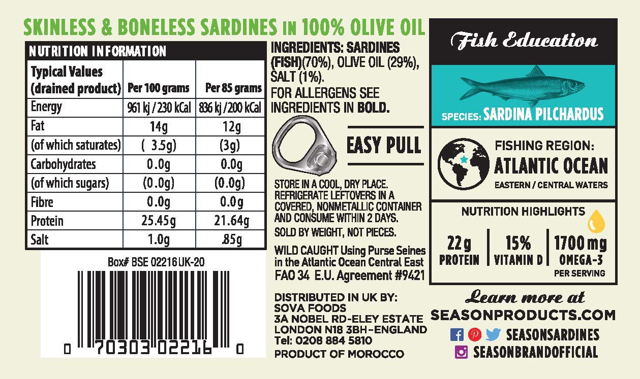 Season Sardines in Olive Oil - Skinless & Boneless, Wild Caught, 22g of Protein, Keto Snacks, More Omega 3's Than Tuna, Kosher, High in Calcium, Canned Sardines - 4.37 Oz Tins, 12-Pack - Image 2
