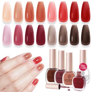 AZUREBEAUTY Jelly Nail Polish Set Vegan 4 Colors Nude Brown Red Purple Quick Dry Transparent Sheer Nail Polish Natural Nail Lacquer Fingernail with Top Coat DIY Salon Home