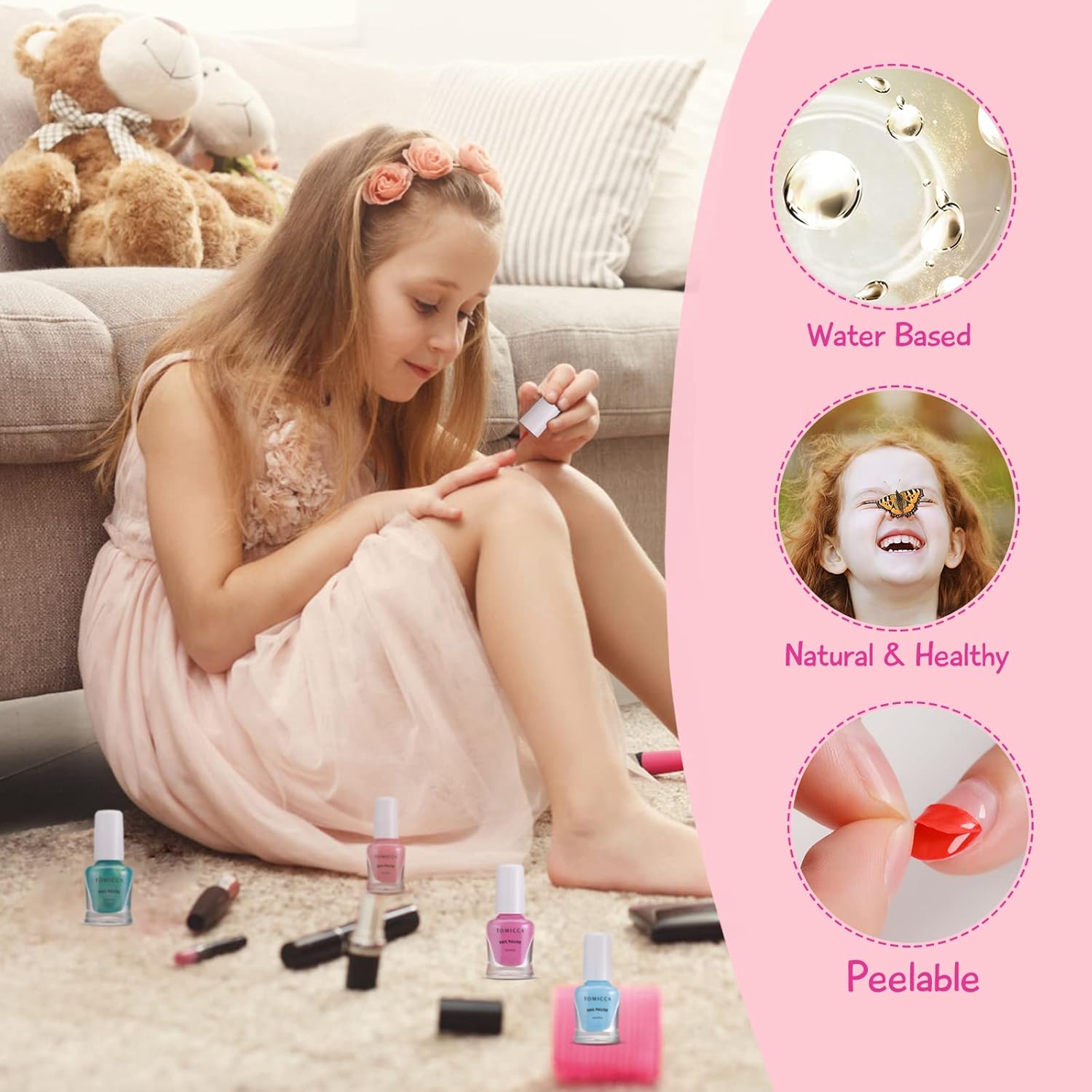 TOMICCA Kids Nail Polish Sets, 18 Pcs 100% Non Toxic Peel Off Water Based Safe Quick Dry Nail Polish Kit, Birthday Gifts Nail Paint Set for Girls with Nail Separator Stickers Kit (Ages 3+) - Image 4