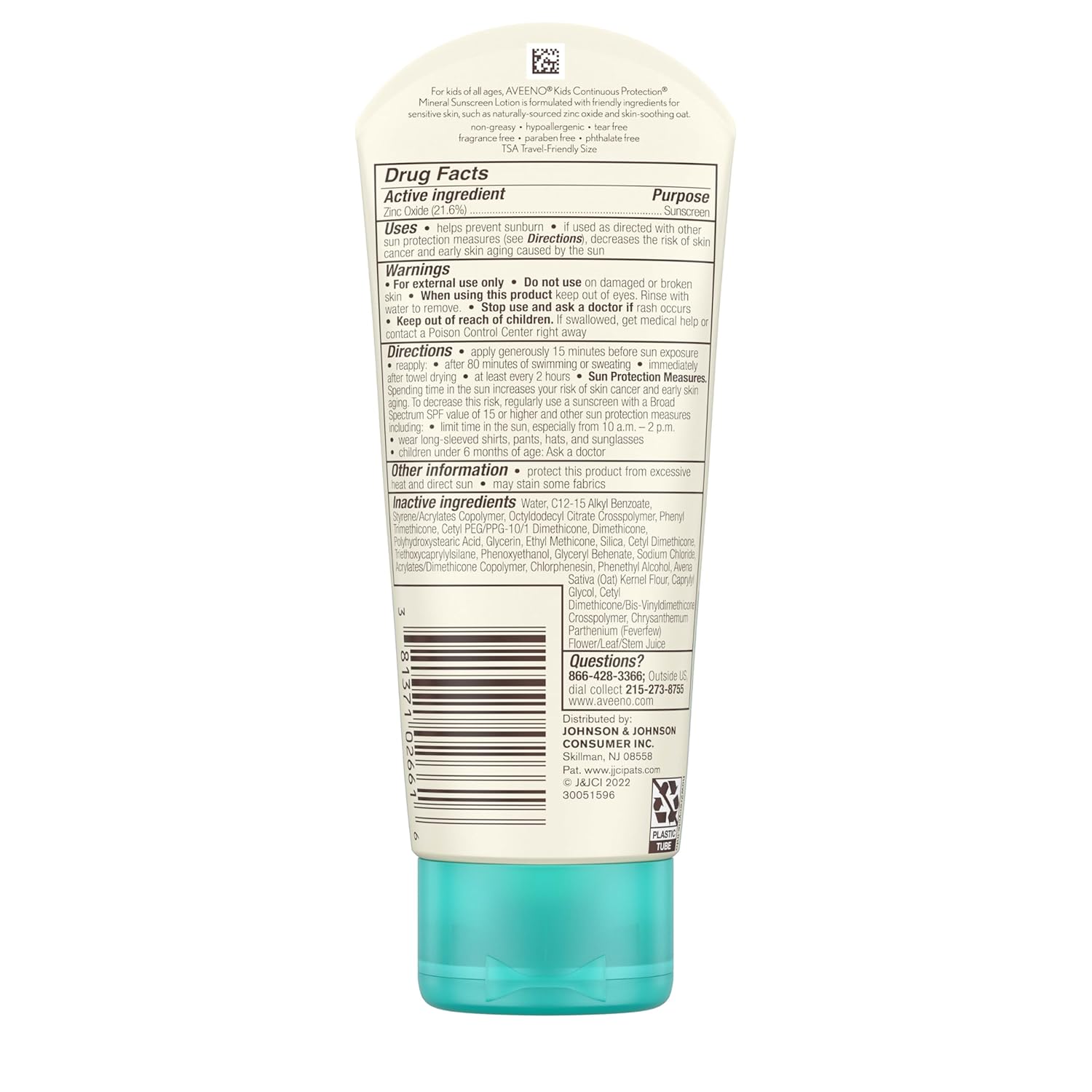 Aveeno Kids Continuous Protection Zinc Oxide Mineral Sunscreen Lotion for Children's Sensitive Skin with Broad Spectrum SPF 50, Tear-Free, Sweat- & Water-Resistant, Non-Greasy, 3 fl. oz - Image 9