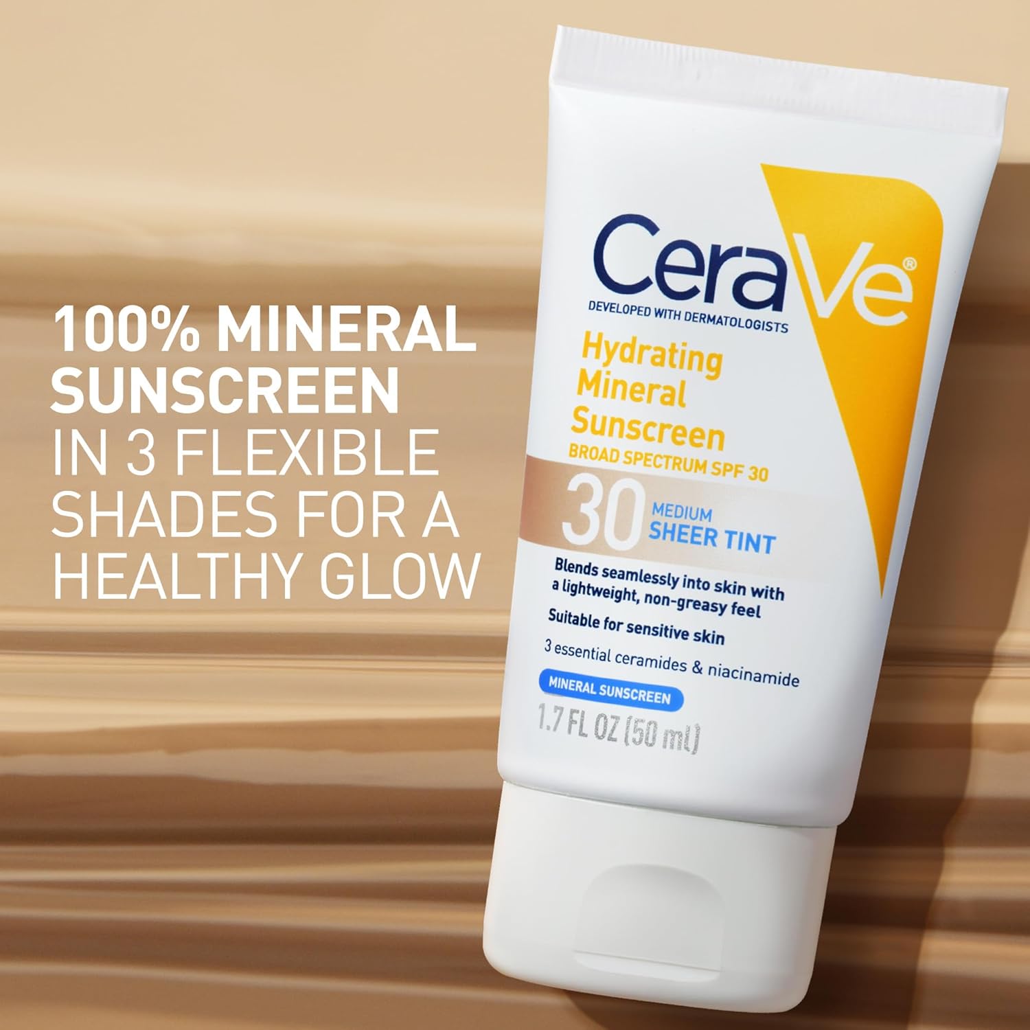CeraVe Hydrating Mineral Sunscreen SPF 30 with Sheer Tint, Tinted Mineral Sunscreen with Zinc Oxide & Titanium Dioxide, Blends Seamlessly For Healthy Glow, Medium, 1.7 Fluid Ounce - Image 3