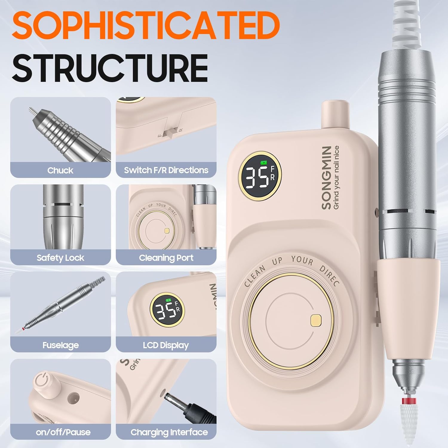 Professional Nail Drill 35000 RPM,SONGMIN Portable Cordless Efile with Bits Kit for Acrylic Nails Gel Polishing Removing,Rechargeable Electric Nail File Machine for Manicure,Pedicure Salon Home,Pink - Image 7