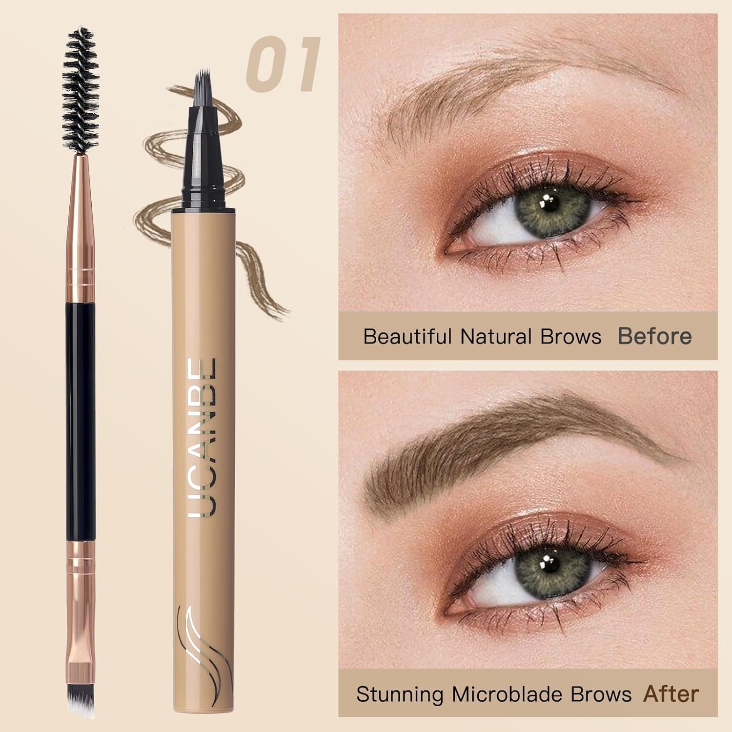 UCANBE Brow-Fection Angled Brush Eyebrow Pen, Liquid Microblading Eyebrow Pencils for Women, Wild Natural Brow Pen for Realistic Hair-Like Brows, Easy to Color, Waterproof, Lasts All Day, Brown - Image 3