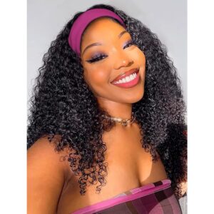 Headband Wig Human Hair Wigs Kinky Curly Headband Wigs for Black Women Glueless Human hair Wig None Lace Front Wigs 180% Density Wear and Go Natural Black (24in)