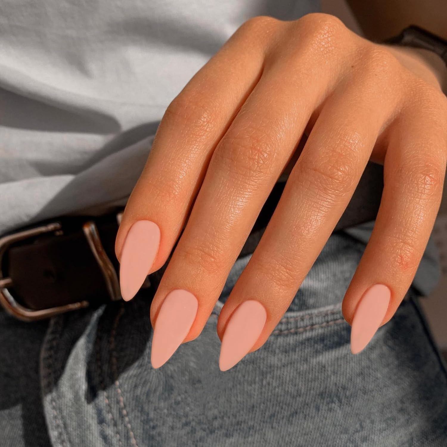 KQueenest Matte Peach Nude Press on Nails Medium Almond Stiletto Gel Fake Nails Medium Pure Color Acrylic Nails Press ons Stick on Nails for Women Feature Protective UV Coating in 24PCS