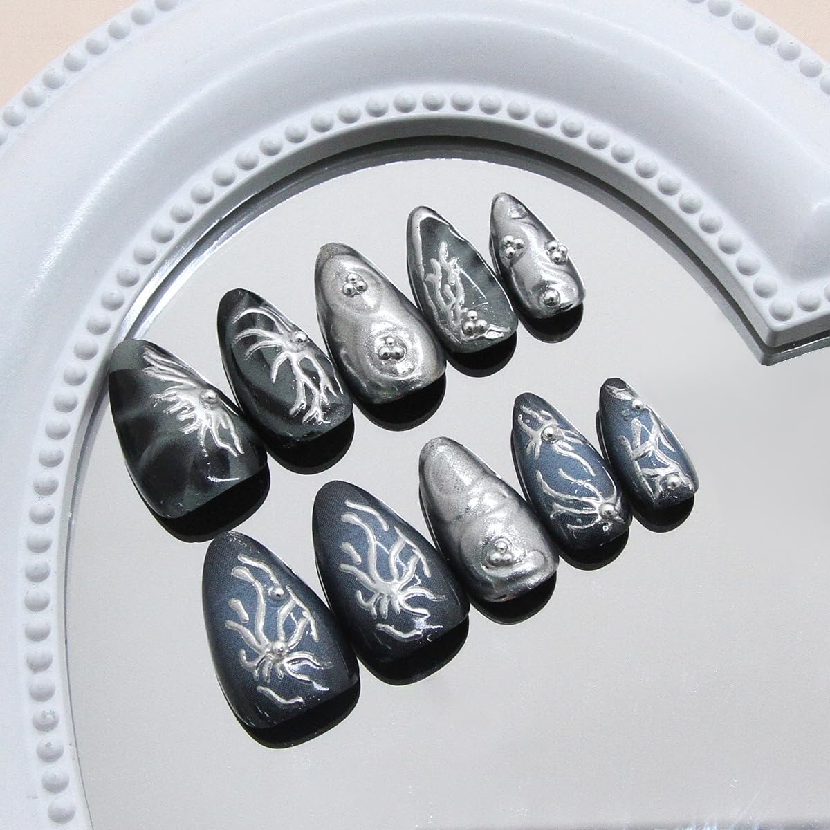 30Pcs Goth Press on Nails Medium Almond Fake Nails 3D Silver Alloy Chrome Glitter Design Y2k Glue on Nails Full Cover Glue on Nails Reusable Handmade Nails Black False Nails for Women Acrylic Nails - Image 4
