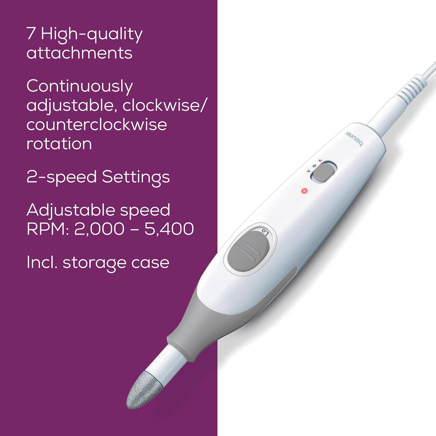Beurer MP32 Electric Nail Drill with 7 Attachments, Manicure/Pedicure Set with 2-Speed Levels & Dual Rotation for Salon-Quality Nail Care at Home, Including Storage Case - Image 8