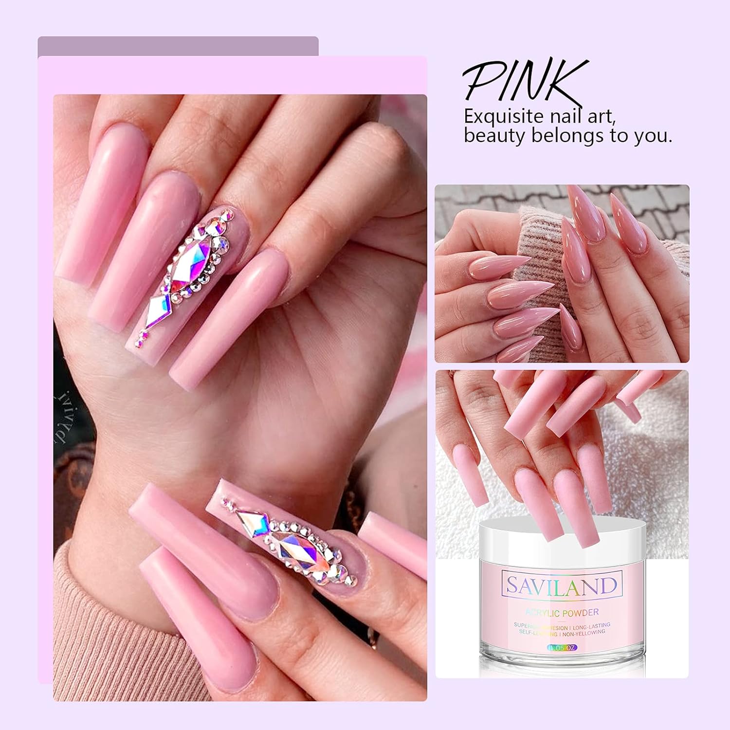 Saviland Pink Acrylic Powder: 30g Professional Colored Acrylic Nail Powder Polymer for French Manicure DIY Nail Art Extension 3D Carving, Long Lasting No Need Nail Lamp - Image 2