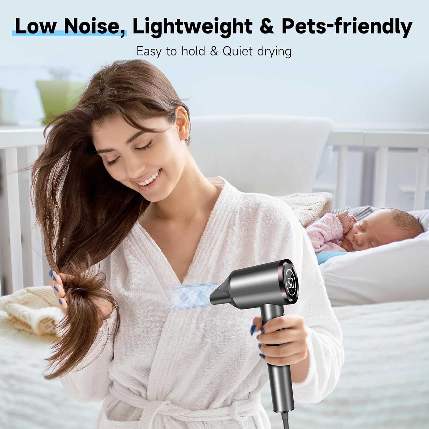 Hair Dryer with Diffuser, 150000RPM Professional High-Speed Negative Ionic Care Blow Dryer, Heat-Control, Fast Drying, Low Noise with Magnetic Diffuser and Nozzle for Women & Men, HD Display (Gray) - Image 8