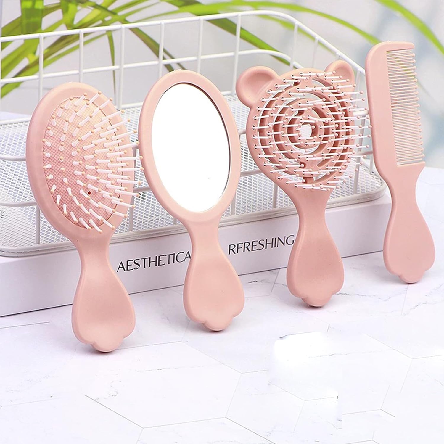 4 Pieces Mini Hair Brush Hair Comb Set For Women Girls Kids Toddler Small Travel Hair Combs Brushes Handheld Mirror Set Detangling Comb Massage HairBrush with Air Cushion (Pink)