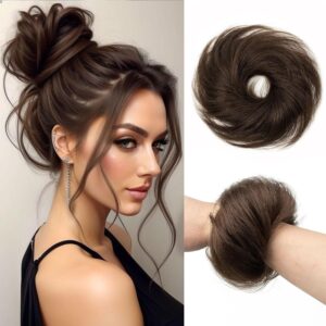 Messy Bun Hair Piece Human Hair 100% Real Human Hair Natural Curly Chignon Ponytail Fluffy Donut Updo Hair Pieces Messy Hair Bun Scrunchies for Women (#2 Dark Brown)