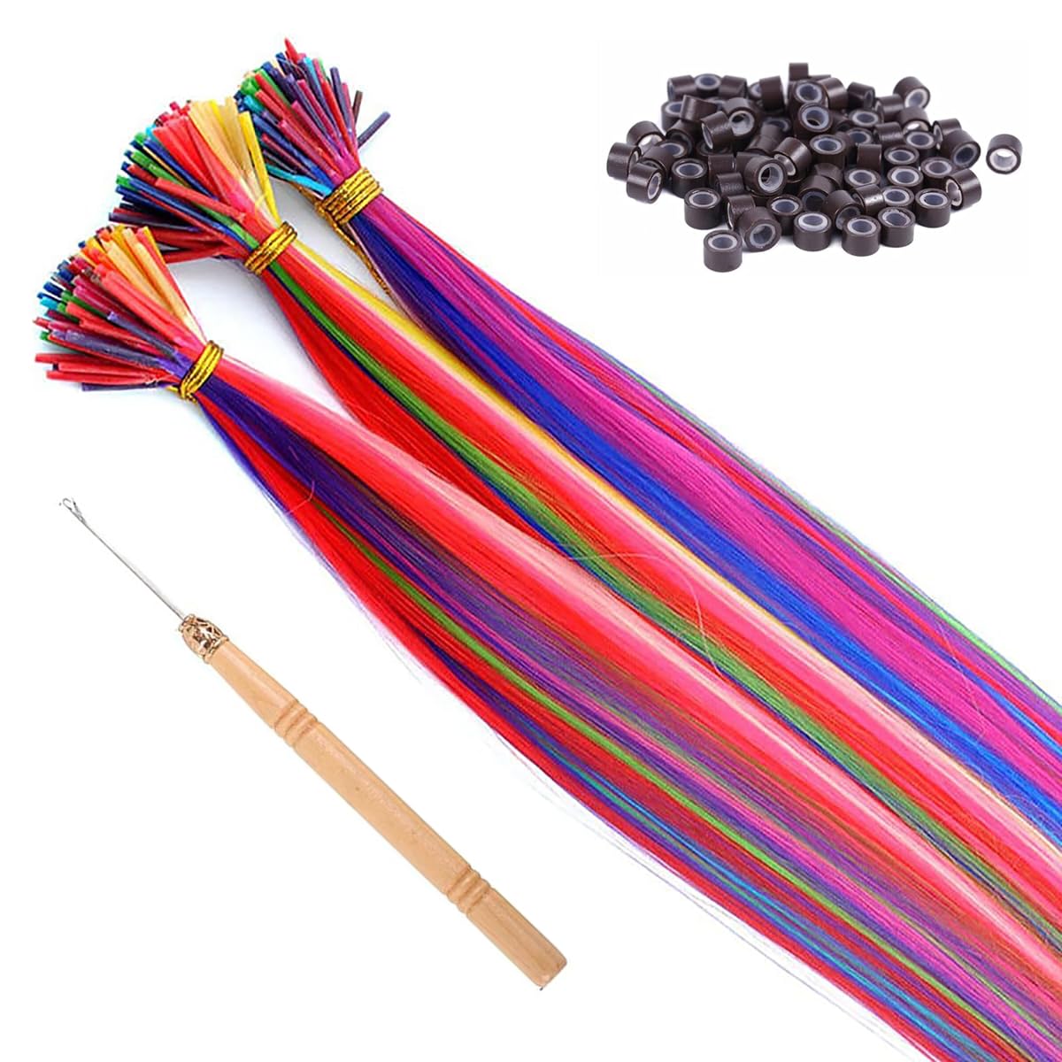 100 Strands 20" Party Colors Hair Extensions Kit I-Tip Fusion Long Straight Hairpieces Synthetic Heat Resistant Highlight Feather Micro Ring Hair Accessories, Include 100 Microbeads with Hook Tool - Image 3