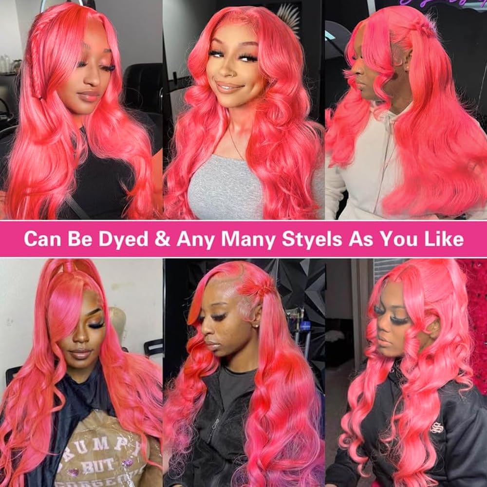 Hot Pink Lace Front Wig Human Hair Body Wave 13x6 Hd Lace Frontal Wigs Glueless Pre Plucked with Baby Hair for Women 180% Density Red Pink Colored 22 Inch - Image 5