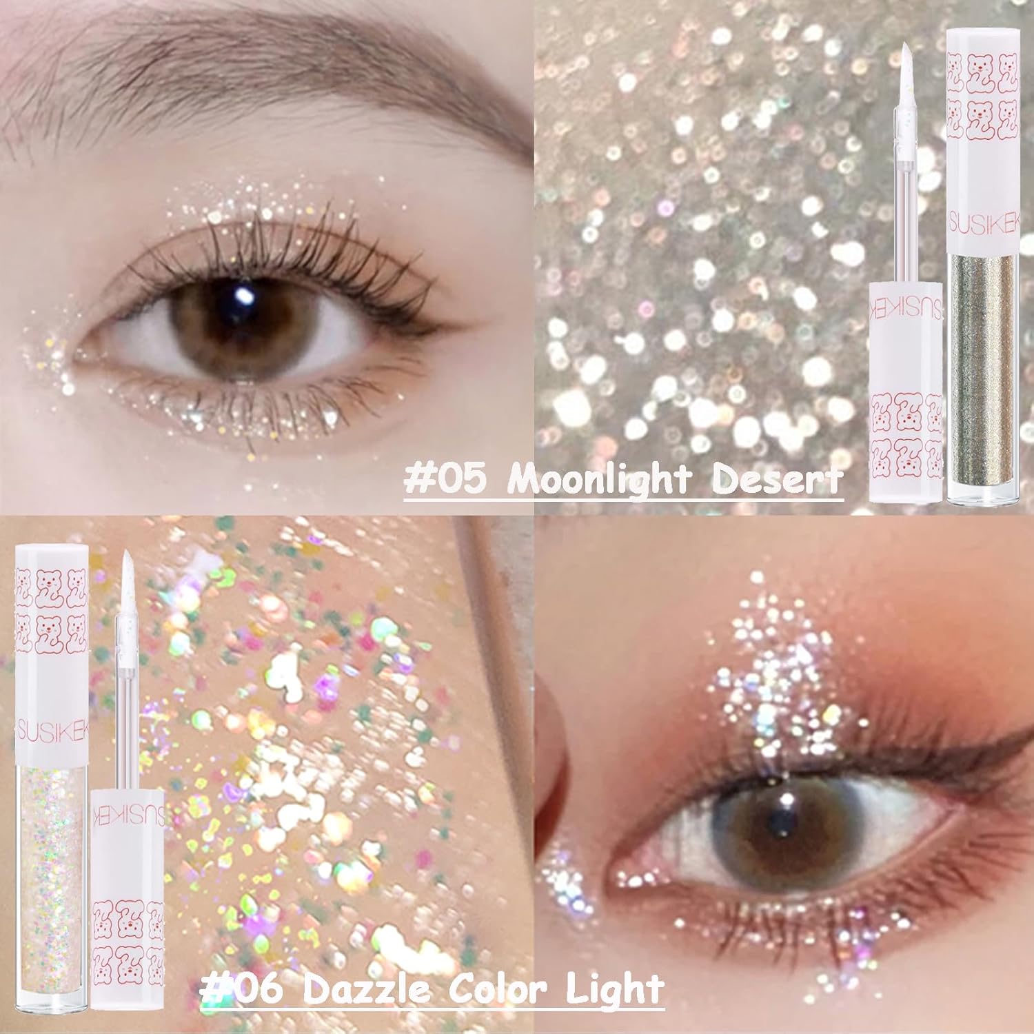 6Pcs Liquid Glitter Eyeshadow Eyeliner, Korean Makeup, Bling Under Eye Shadow, Shimmer Eye Make Up Valentine's Gift Set,Long Lasting,Quick Drying & Pigmented Loose Glitter Glue for Crystals Makeup - Image 6