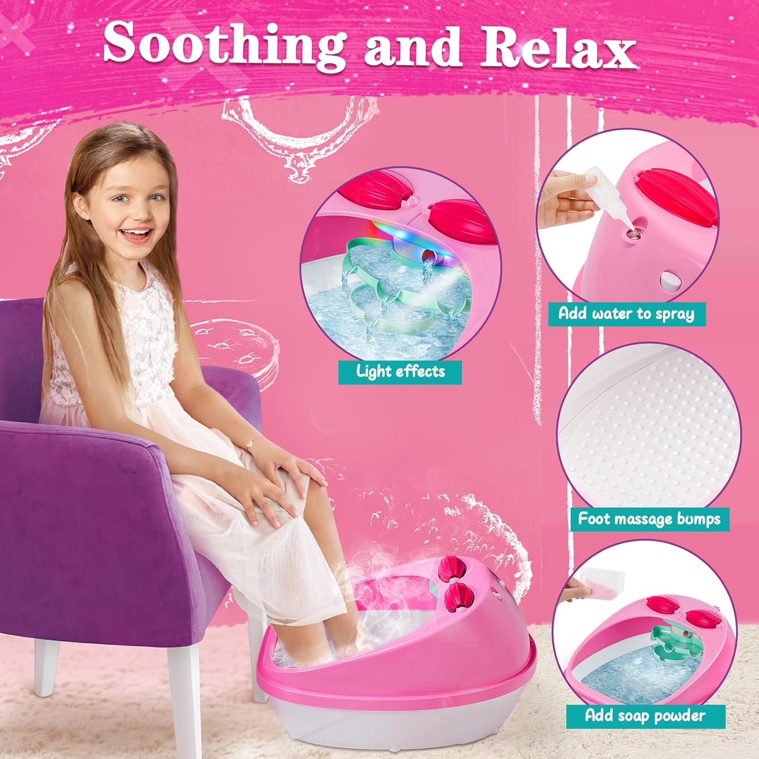 Kids Foot Spa & Nail Kit Set, Kids Spa Day Kit for Girls, Massage Foot Soak Tub and Nail Dryer, Manicure Pedicure Art Salon Girl Gift for 5-12, Christmas Birthday Gifts - Image 2