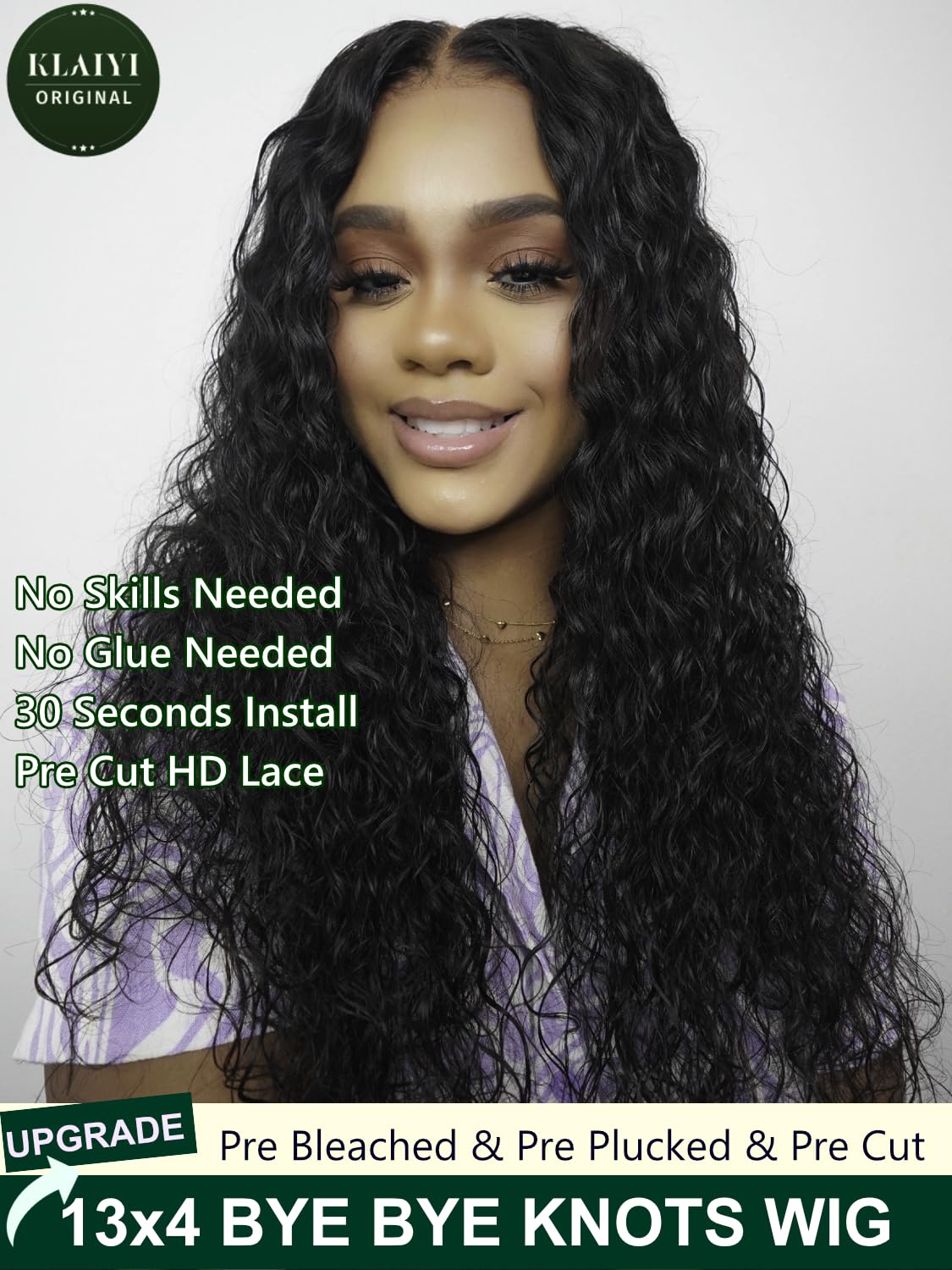 KLAIYI Pre Everything 13x4 Glueless Lace Front Wig Human Hair Water Wave Bye Bye Knots Put On and Go Wig Pre Cut Lace Pre Bleached Pre Plucked 30S Easy To Wear Beginner Curly Wig with Baby Hair 24Inch - Image 4