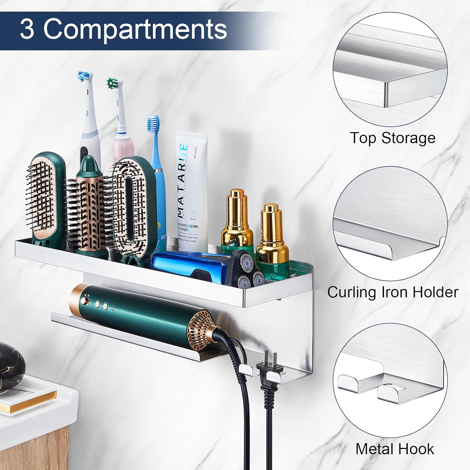 Stainless Steel Wall Mount Hair Dryer Holder and Curling Iron Organizer for Bathroom Storage - Image 8