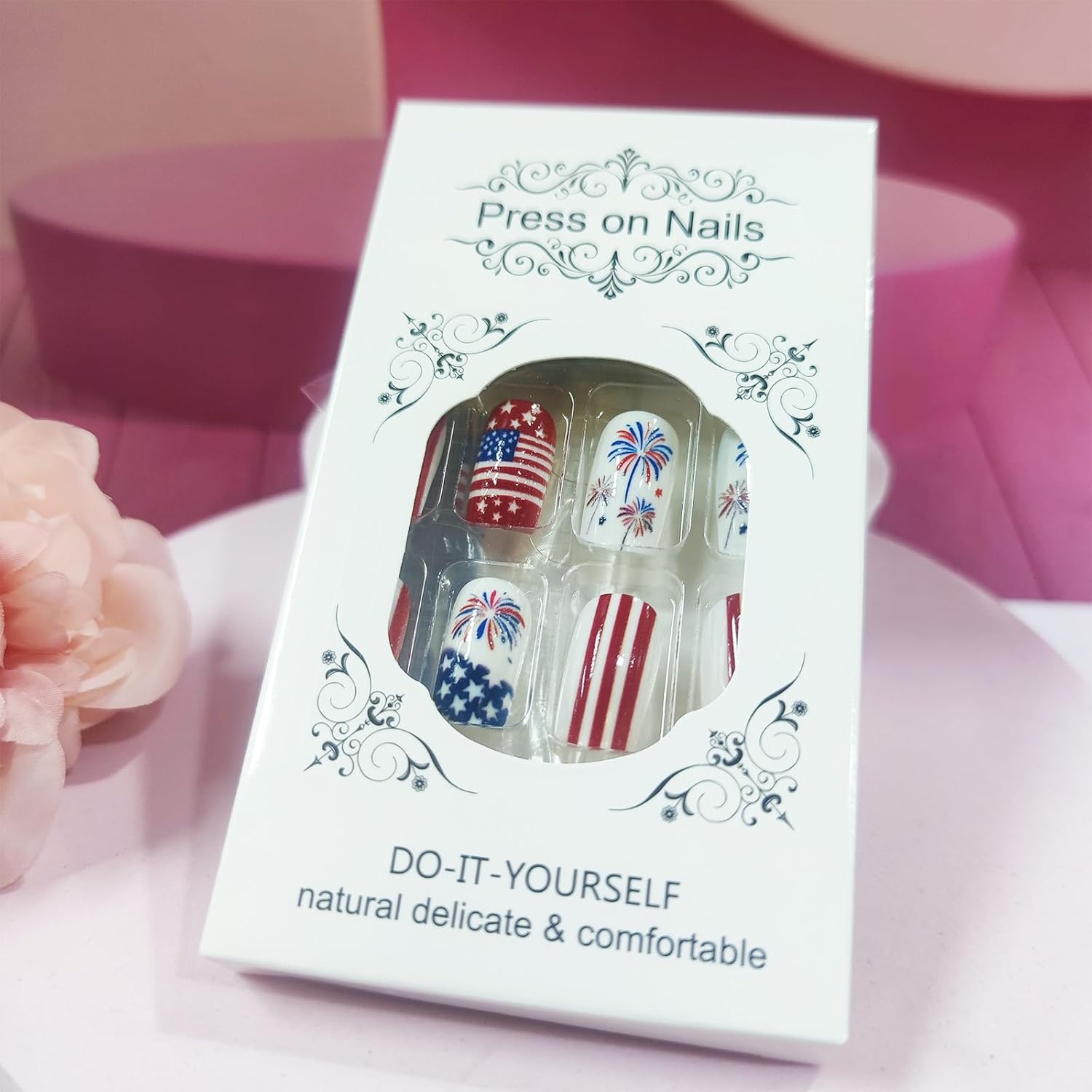 24Pcs 4th of July Press on Nails Glossy White Star False Nails Independence Day Gel Glue on Nail Fourth of July Acrylic Medium Square Fake Nail American Flag Stick on Fingernails for Women Girls - Image 4