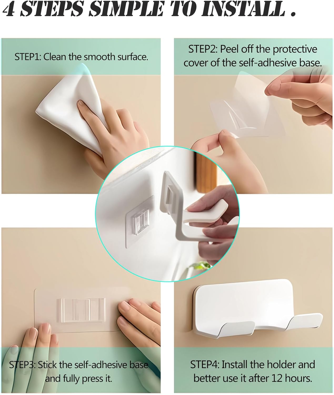 Universal Hair Dryer Holder, Blow Dryer Hanger Wall Mount for Hair Dryer Hook with Plug&Cord Organizer Self Adhesive for Cabinet Bathroom(1 Pack White) - Image 3