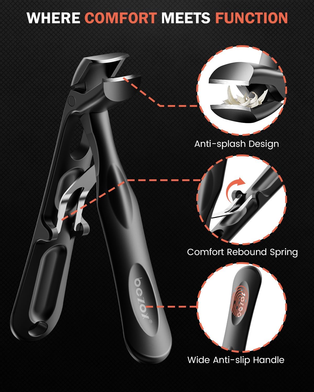 BEZOX Angled Toenail Clippers for Thick Toenails – Long Handle Toe Nail Clippers for Thick Nails for Seniors, Wide Jaw & Heavy-Duty Nail Cutters with Catcher - Black - Image 5