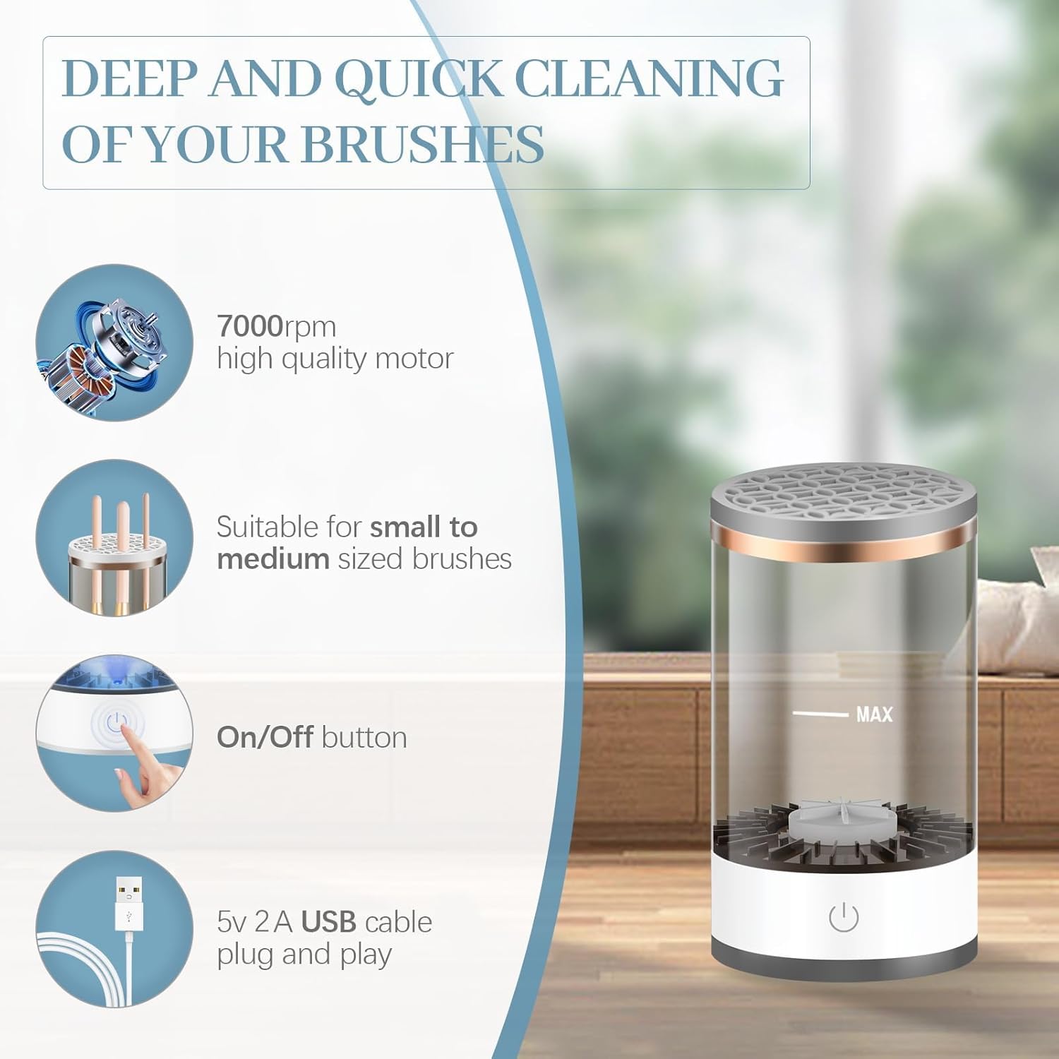 Efficient Electric Makeup Brush Cleaner Machine, Automatic Makeup Brush Cleaner for 3-4 Brushes at a Time, 7000 RPM Ensures Thorough Cleaning, Includes Silicone Pad (Black) - Image 6