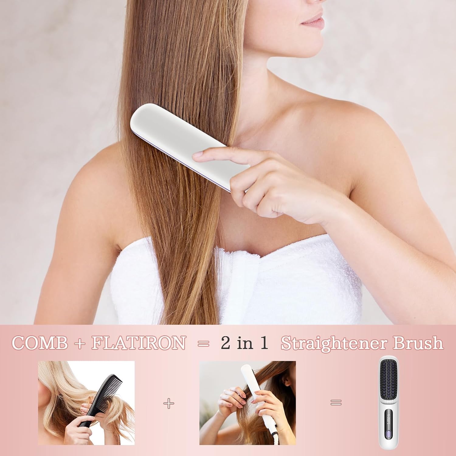 Cordless Hair Straightener Brush, Portable Anion Hair Straightener Brush for Women Lightweight Ceramic Coating Negative Ion Anti-Scald Hair Straightener for Women Travel Styling Hairstyler Salon - Image 2