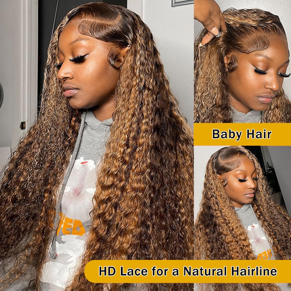 Honey Blonde Curly Wig Human Hair 13x4 HD Highlight Ombre Deep Wave Lace Front Wigs Human Hair Pre Plucked 180% Density 4/27 Glueless Colored Wigs for Women Wet and Wavy Lace Front Wigs 26 Inch - Image 2