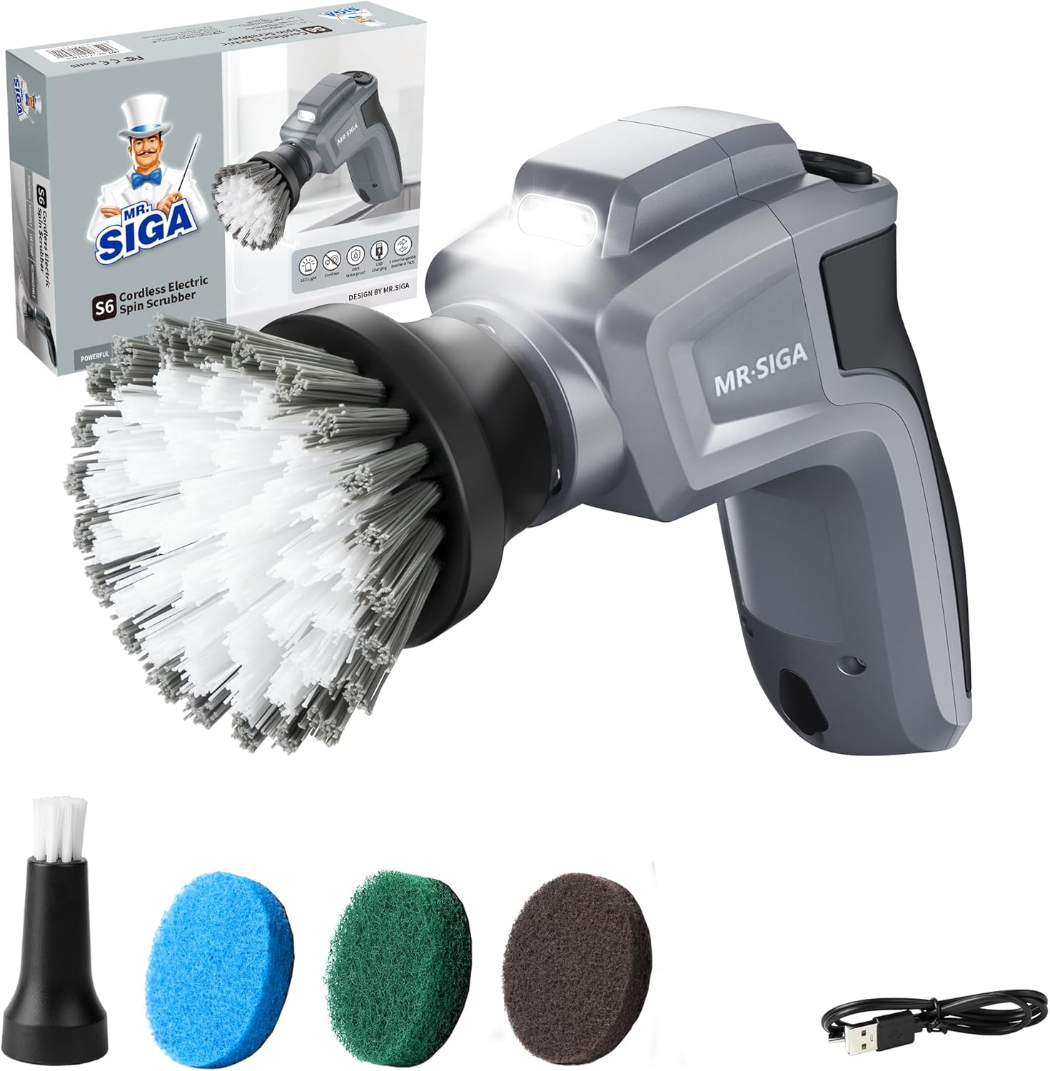 MR.SIGA Electric Spin Scrubber for Kitchen and Bathroom Cleaning, Waterproof Rechargeable Cordless Spin Scrubber with 5 Replaceable Cleaning Brushes and Pads