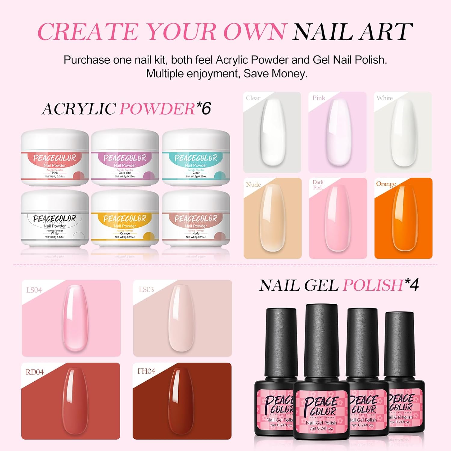 Acrylic Nail Kit for Beginners with Drill and U V Light 6 Colors Acrylic Powder Clear Nude Pink 4PC Gel Polish 24PC Glitter Powders Rhinstones Nails Kit Acrylic Set for Women - Image 3