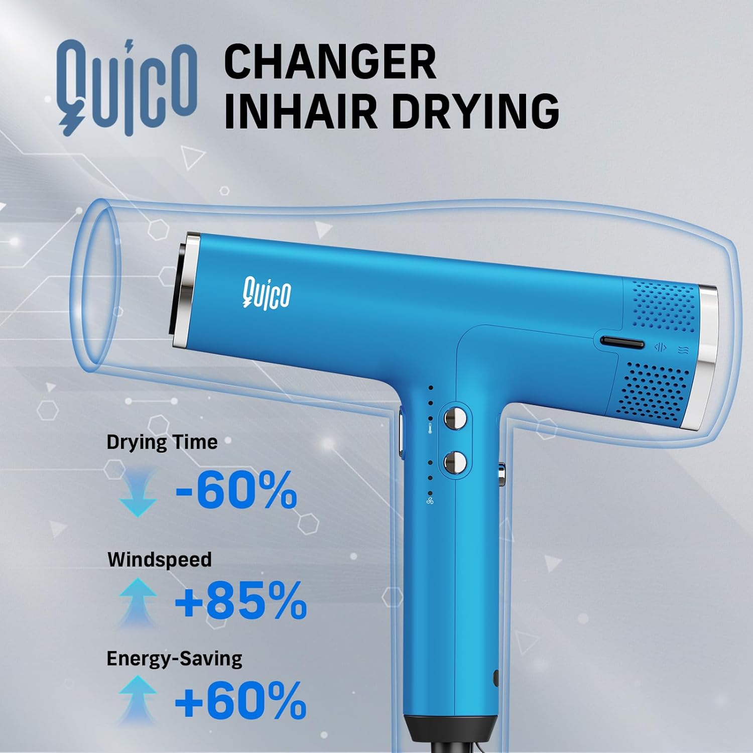 Quico Hair Blow Dryer, 1875W High-Speed BLDC 7X Faster 110000 RPM Quiet Hair Dryer with Diffuser, 2 Billion Negative Ionic Salon Dryer, Adjustable Temp & Speed, Hair Dryer for Women Home Travel Gift - Image 3