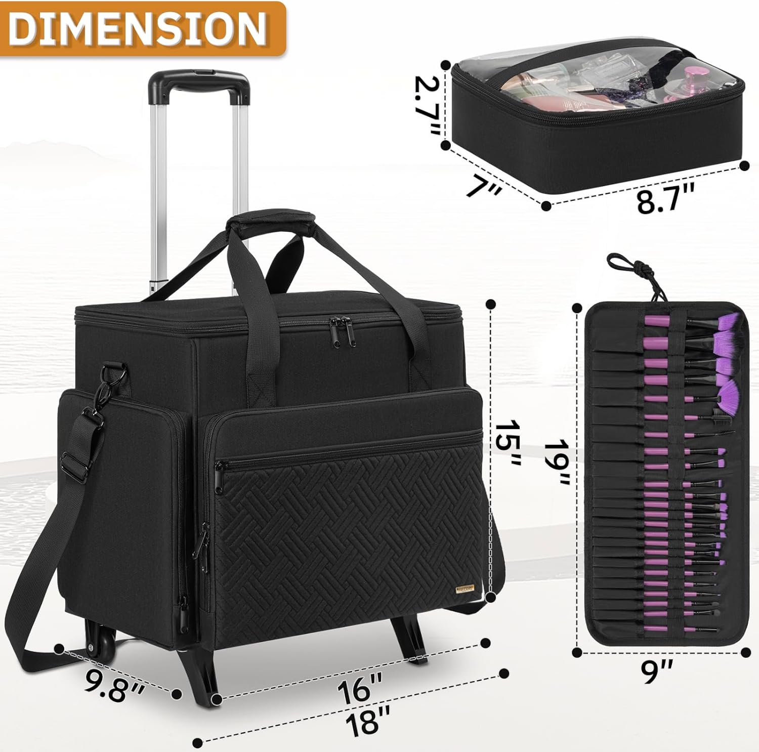 Extra Large Rolling Makeup Case with 4 Removable Pouches,Professional Make up Train Case with Wheels,Travel Cosmetic Bag for Hairstylists Nail Tech Makeup Artist with Detachable Trolley - Image 7