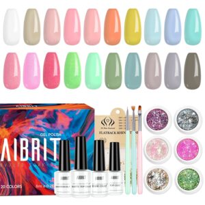AIBRIT Gel Nail Polish Kit 24 Pack with Gel Strengthener Coat, Base Coat and No Wipe Glossy & Matte Top Coat, Spring Summer Pastel Pink Green Blue Yellow Glitters Nail Polish, Soak Off UV LED Gel Polish, 7 Colors Gel Gems and 3 Nail Atr Brushes for Manicure, 8ml/0.28fl oz