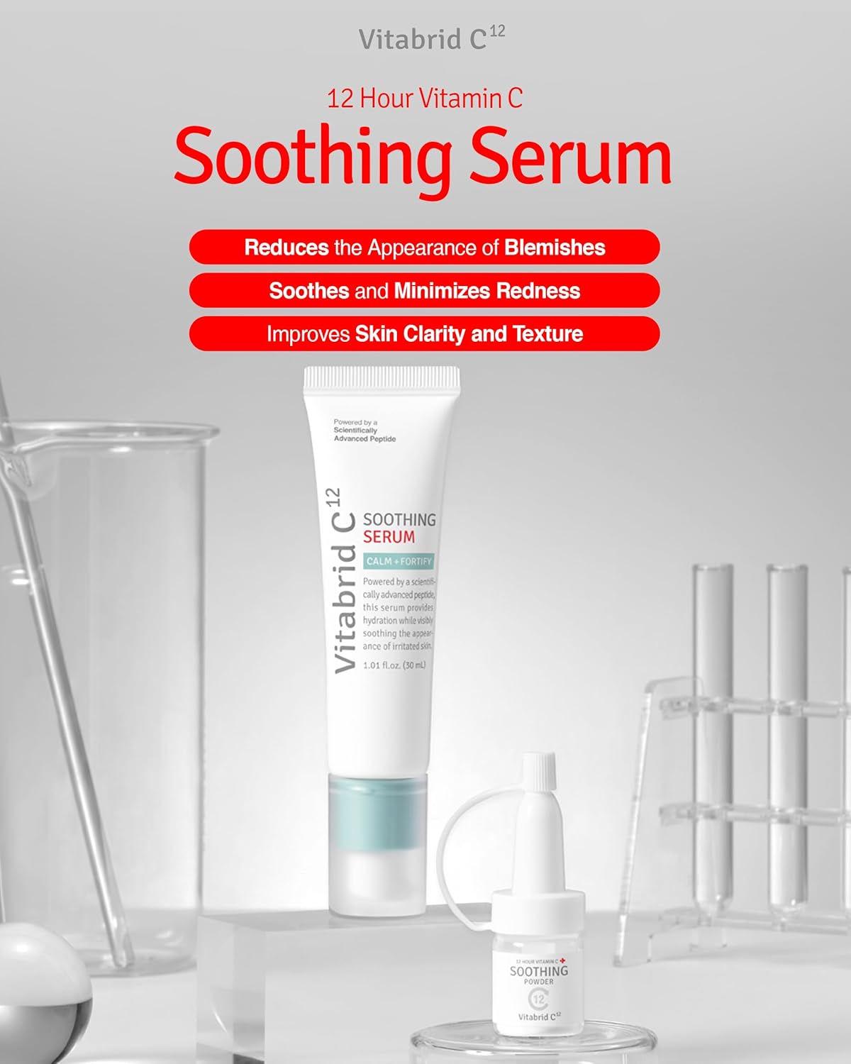 12 Hour Vitamin C Soothing Serum for Acne & Blemish-Prone Sensitive Skin - Improves Sebum, Pores and Redness - Peptides, Niacinamide, Madecassoside, 1.01 fl.oz. Powder 0.04oz. - Image 2