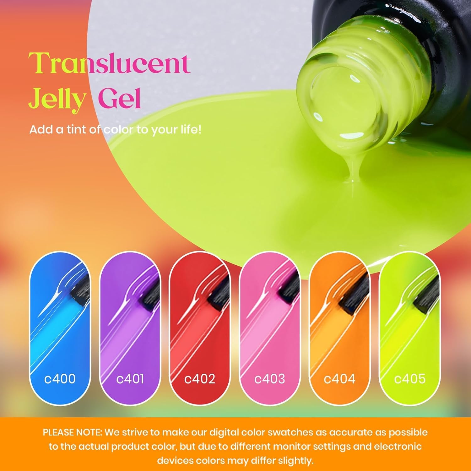 Beetles Jelly Gel Nail Polish Set - 6 Colors Summer Neon Gel Polish Kit Sheer Hot Pink Red Orange Purple Blue Yellow Translucent Effect Soak Off UV French Nail Art Manicure Gift for Women - Image 3