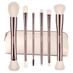 Raffaello 6-in-12 Dual-Ended Makeup Brushes Set, Sustainable Rose Gold Brushes with Recycled Materials, Includes White Faux Leather Pouch, Professional Face & Eye Makeup Kit for Travel and Daily Use