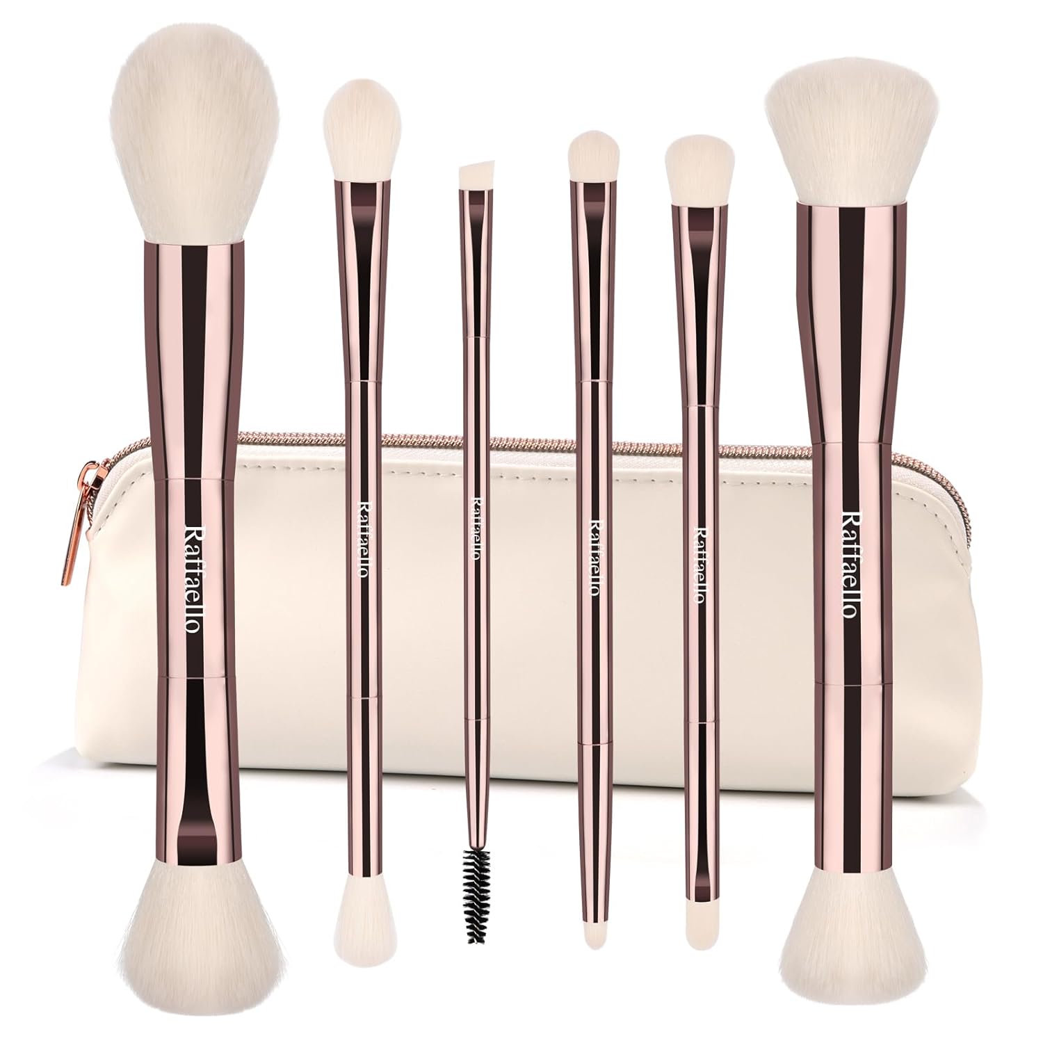 Raffaello 6-in-12 Dual-Ended Makeup Brushes Set, Sustainable Rose Gold Brushes with Recycled Materials, Includes White Faux Leather Pouch, Professional Face & Eye Makeup Kit for Travel and Daily Use