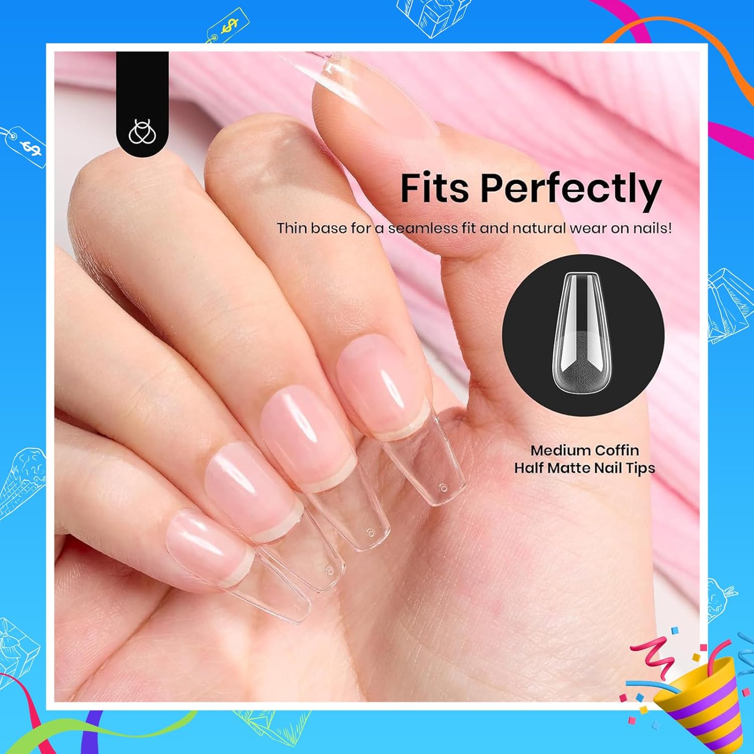 Beetles Gel Nail Tips Medium Coffin Etch X Nail Tips, 12 Sizes 288Pcs Pre Shaped Half Matte Press On Nails Full Cover False Nails for Pastel Spring Nails Acrylic Fake Nails Nail Extensions Kit - Image 7