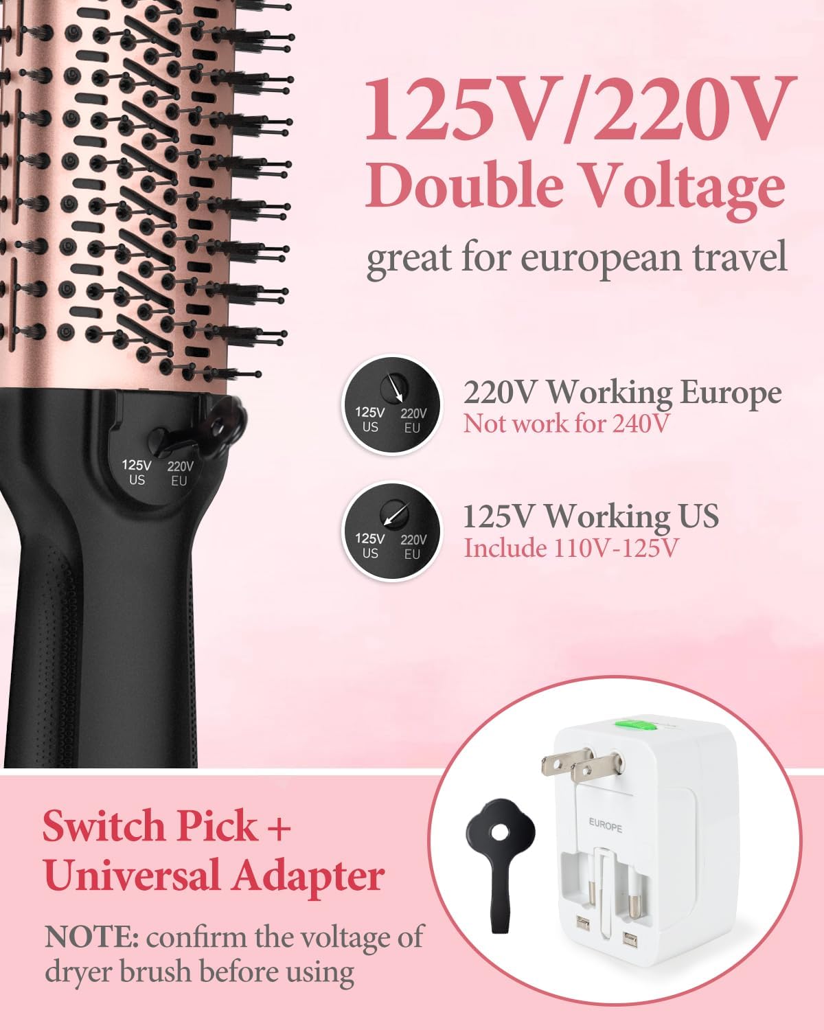 Dual Voltage Hair Dryer Brush,Travel Blow Dryer Brush for Blowout Look with Universal Power Adapter, One-Step Hot Air Brush Volumizer,Smoothing,Dryer,125V/220V - Image 3