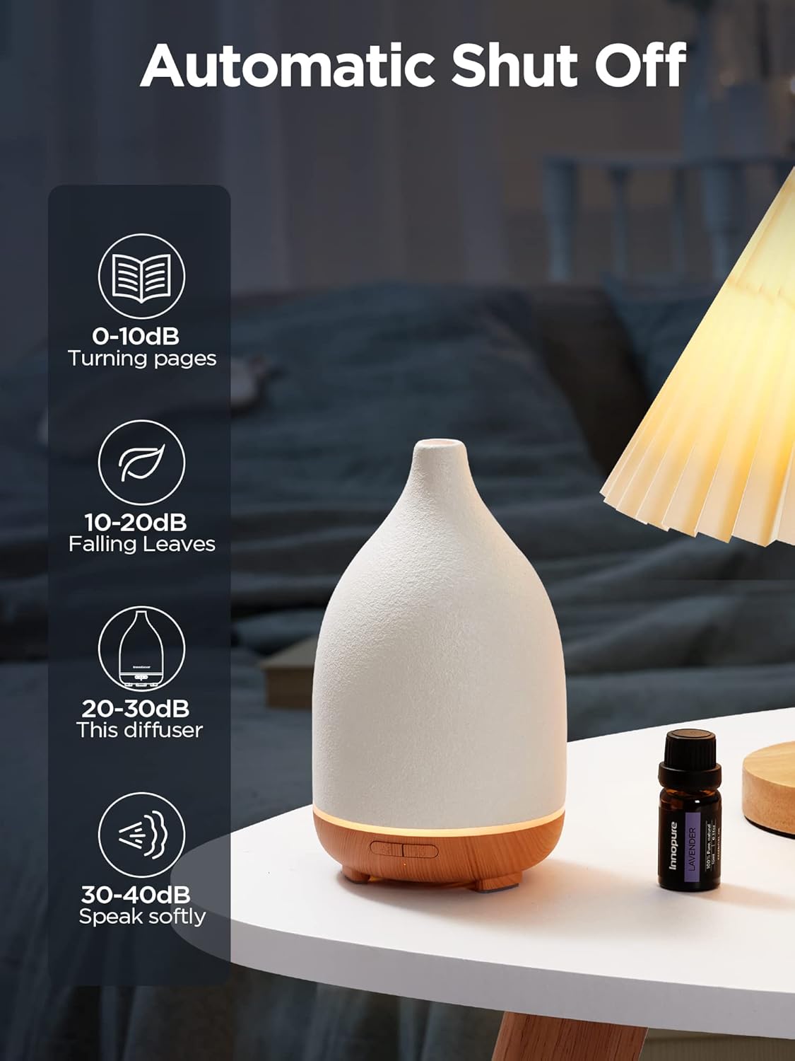 InnoGear Oil Diffuser, 150ML Ceramic Diffuser for Essential Oils Handcrafted Aromatherapy Diffuser Ultrasonic Cool Mist Humidifier with 2 Mist Modes Waterless Auto Off for Room Office, White - Image 9