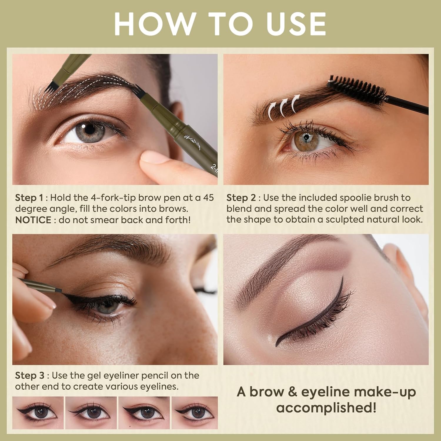 UCANBE Eyebrow Pencils for Women with Spoolie Brush, Dual-Ended Eyebrow Pen with 4-Fork-Tip & Gel Eyeliner, Microblading Brow Pen with Eyeliner Pencil + Brow Brush for Hair Like Brows, Soft Black - Image 4
