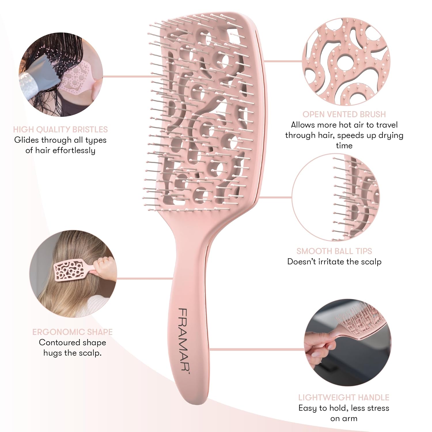 FRAMAR Professional Vented Hair Brush – Curved Hair Brush For Blow Drying, Wet Paddle Brush For Hair, Vent Brush For Blow Drying, Wet Hairbrush For Women – Heat Resistant - Champagne - Image 4