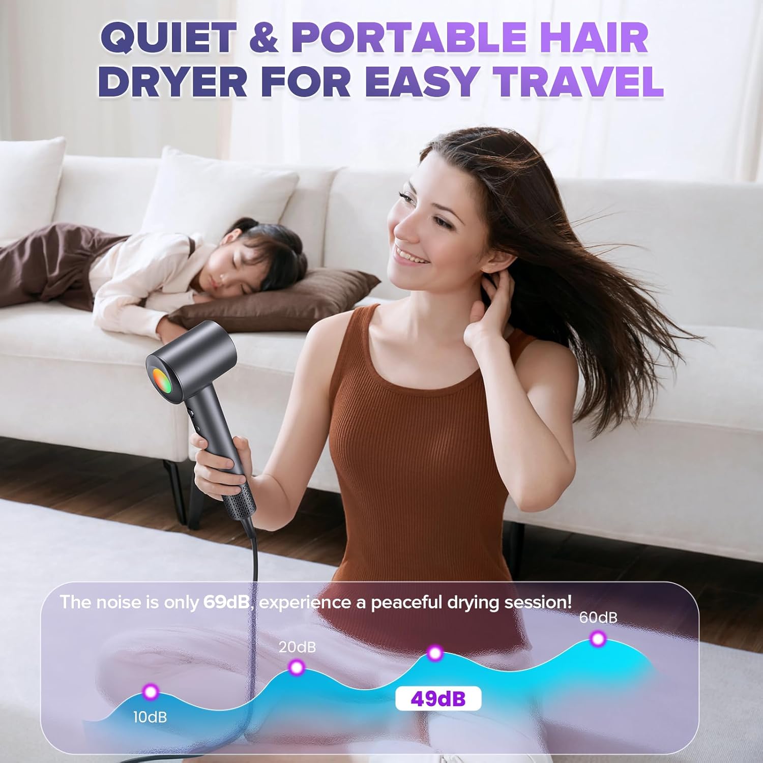 Hair Dryer, 150000 RPM Ionic Hair Dryer Portable Lightweight Blow Dryer with 500 Million Negative Ions, Fast-Drying, Lightweight and Quiet with Diffuser & Nozzle, Perfect for Home and Travel-Black - Image 7