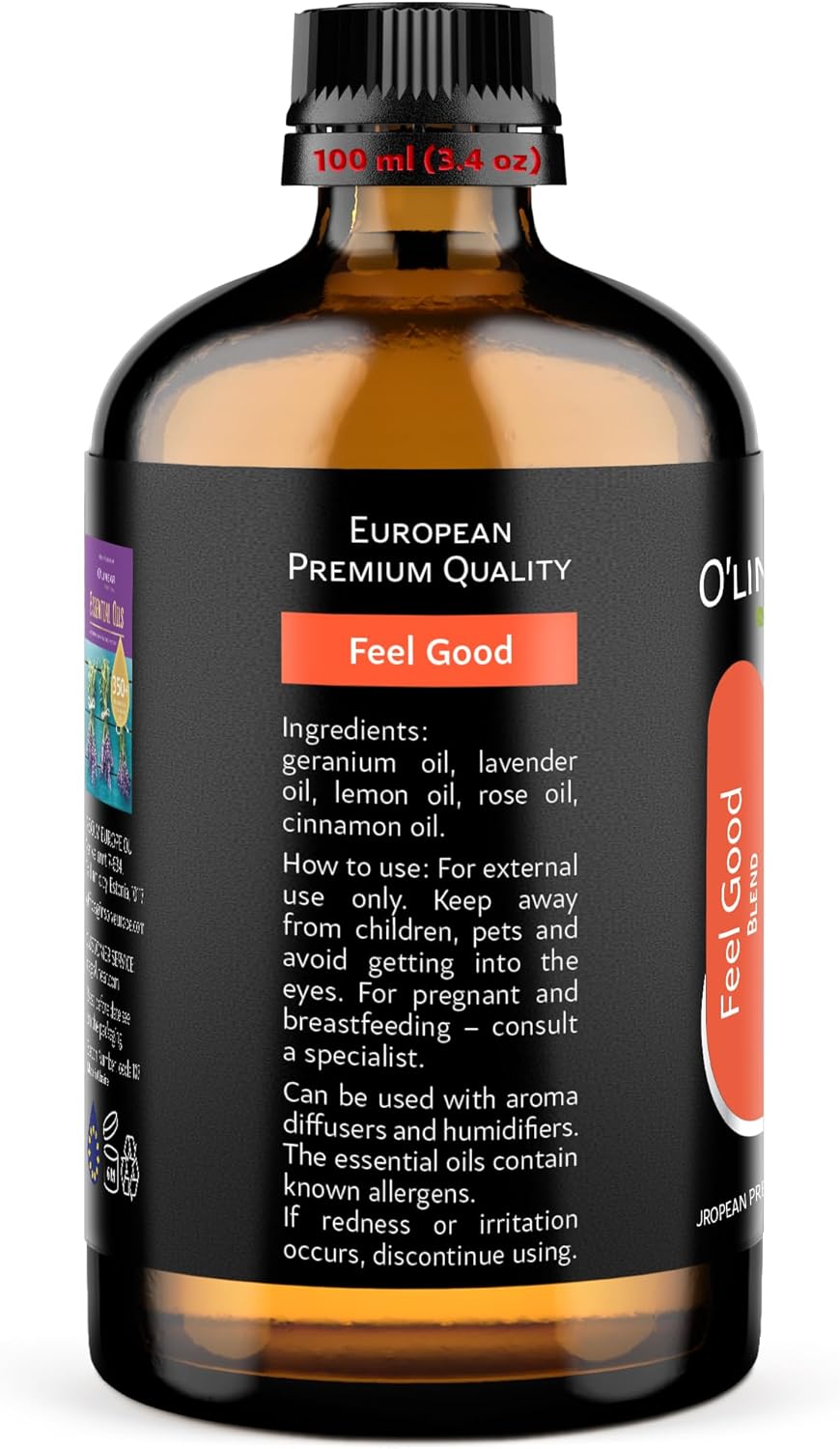 Premium Aromatherapy Essential Oil Feel Good Blend - 3.4 Fl Oz Happy & Relaxing Scent for Diffusers for Home - Relax Essential Oils for Humidifiers with Lavender Rose Lemon Cinnamon Geranium Aroma - Image 7